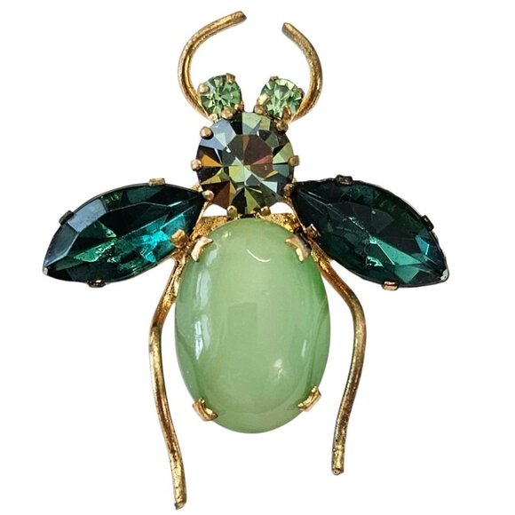 Austria Green Rhinestone Bug Brooch Pin, Uranium Glass, Domed Cabochon Pin, J32 - Picture 7 of 7